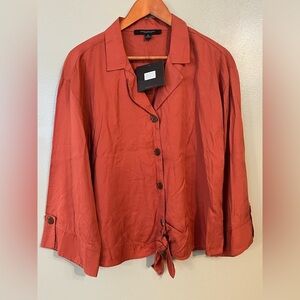 Mark New York Womens Rusty Red 3/4  Sleeves Tercel Button Down  Blouse M NWT